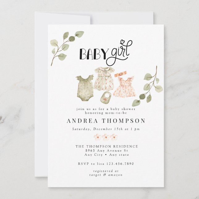 Watercolor Baby Clothes | Boho Girl Baby Shower  Invitation (Front)