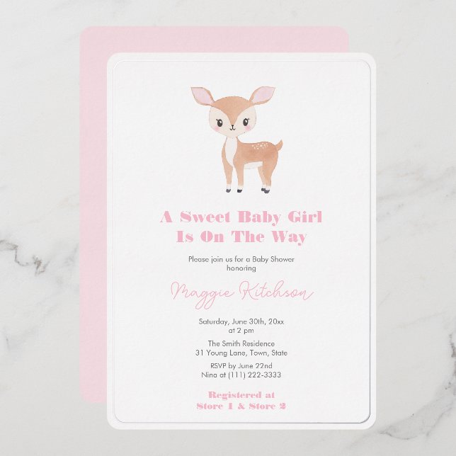 Watercolor Baby Deer Baby Shower For Girl Party (Front/Back)