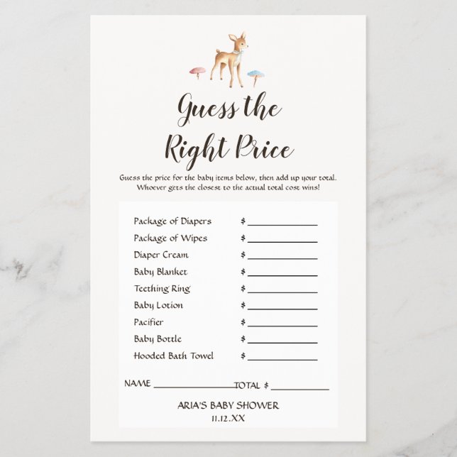 Watercolor Baby Deer Guess The Right Price Game Flyer (Front)