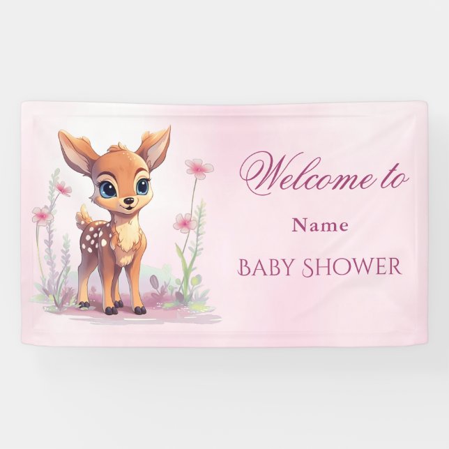 Watercolor Baby Deer Pink Flowers Baby Shower Banner (Horizontal)