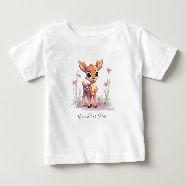 Watercolor Baby Deer Pink Flowers Baby T-Shirt (Front)