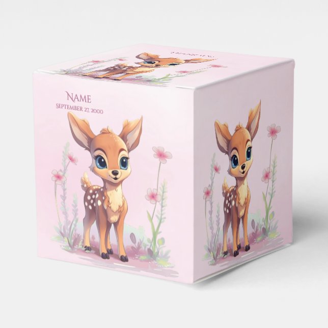 Watercolor Baby Deer Pink Flowers Favour Box (Front Side)