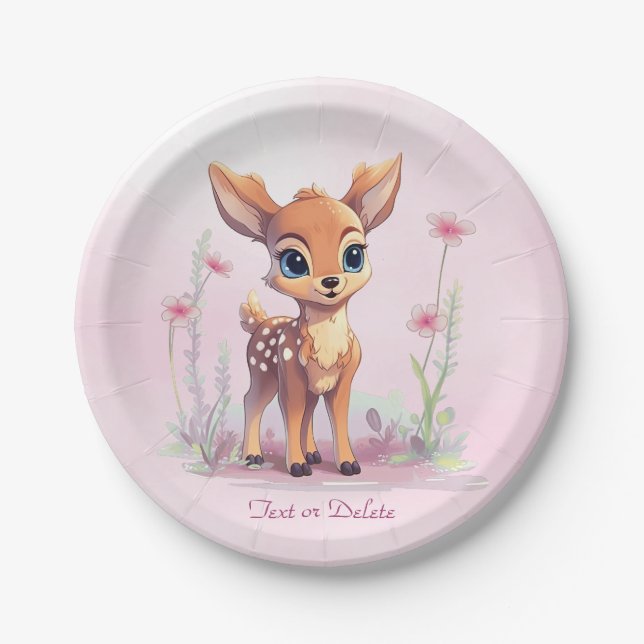 Watercolor Baby Deer Pink Flowers Paper Plate (Front)