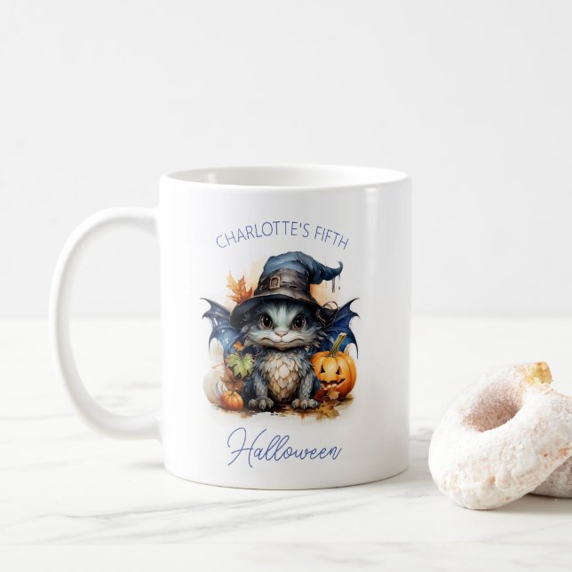 Watercolor Baby Dragon Customisable Halloween Kids Coffee Mug (With Donut)