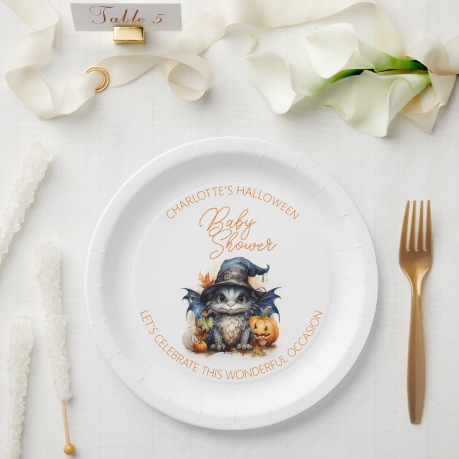 Watercolor Baby Dragon Halloween Baby Shower Paper Plate (Wedding)
