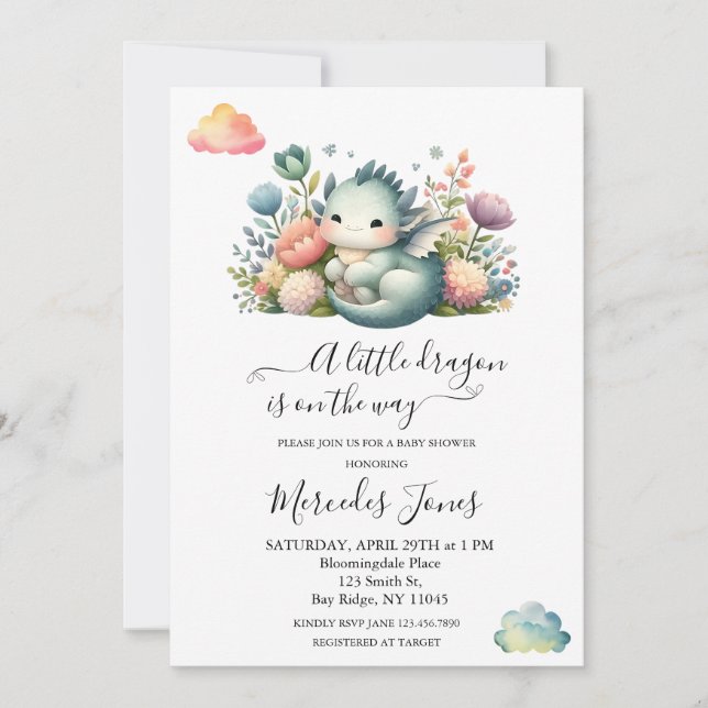 Watercolor Baby Dragon With Flowers Rainbow Art  Invitation (Front)