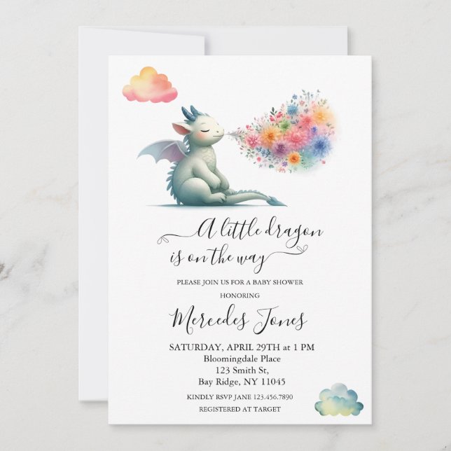 Watercolor Baby Dragon With Flowers Rainbow Art  Invitation (Front)