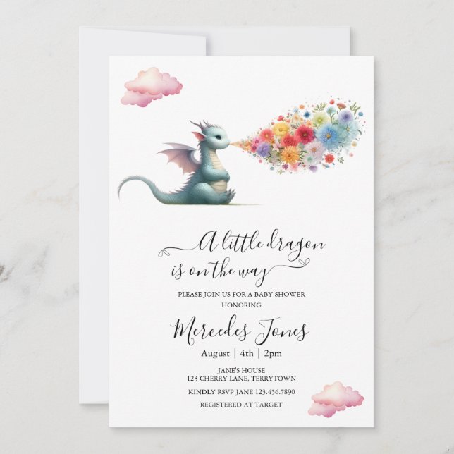 Watercolor Baby Dragon With Rainbow Flowers Art  Invitation (Front)