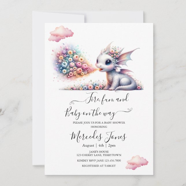 Watercolor Baby Dragon With Rainbow Flowers Fire Invitation (Front)