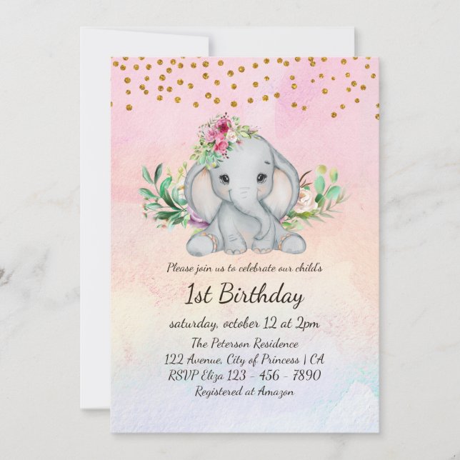Watercolor Baby Elephant and Flowers 1st Birthday Invitation (Front)