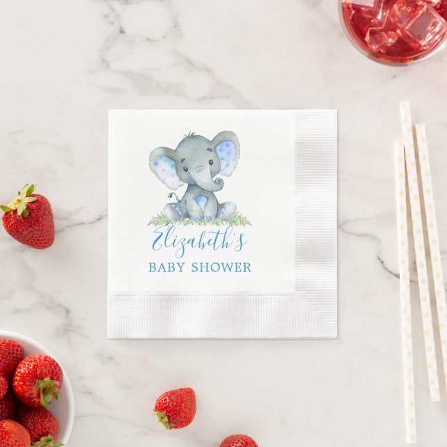 Watercolor Baby Elephant Baby Shower Blue Napkin (Insitu)