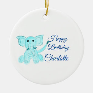 Watercolor baby elephant happy birthday add name ceramic tree decoration