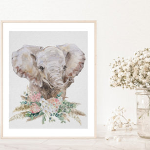 Watercolor Baby Elephant Nursery Tropical Boho   Poster