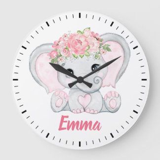 Watercolor Baby Elephant Pink Floral Girl Nursery Large Clock