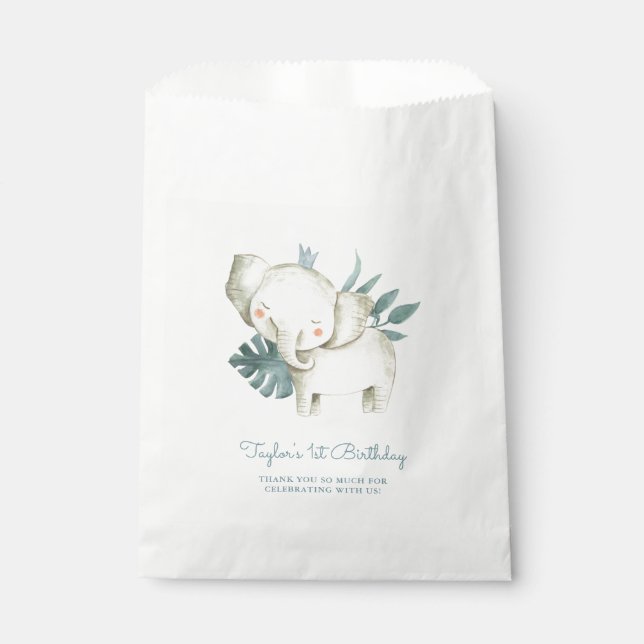 Watercolor Baby Elephant Prince Tropical Birthday Favour Bags (Front)