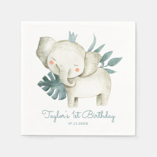 Watercolor Baby Elephant Prince Tropical Birthday Napkin