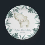 Watercolor Baby Elephant Prince Tropical Birthday Paper Plate<br><div class="desc">Add a cute safari accent to your event's tablescape with this customisable baby elephant paper plates. It features watercolor illustration of an elephant prince with tropical leaves wreath. Personalise by adding your own details. These elephant paper plates will be perfect for baby showers and kids birthday parties.</div>