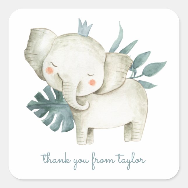 Watercolor Baby Elephant Prince Tropical Thank You Square Sticker (Front)