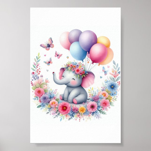 Watercolor Baby Elephant With Balloons And Flowers Poster (Front)