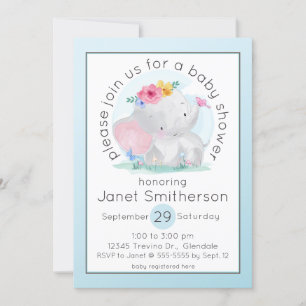 Watercolor Baby Elephant with Flowers Baby Shower Invitation