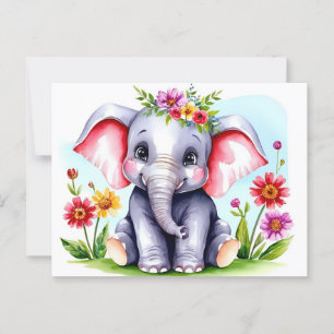Watercolor Baby Elephant with Flowers Postcard
