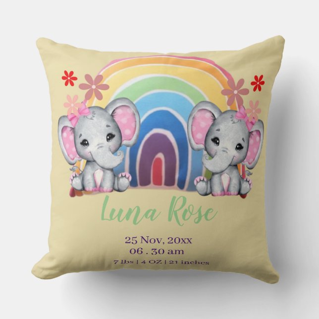 Watercolor Baby Elephants with Rainbow Birth Stats Cushion (Front)