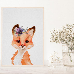 Watercolor Baby Fox Cub Nursery Child Decor Floral
