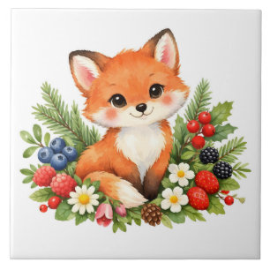Watercolor Baby Fox with Berries and Flowers  Tile