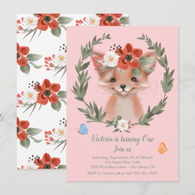 Watercolor Baby Fox wreath Birthday Party Invitation (Front/Back)