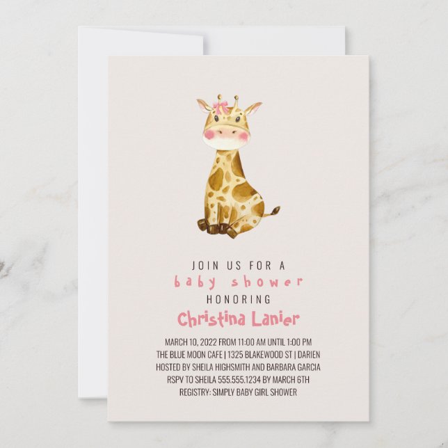 Watercolor Baby Giraffe Cute Whimsical Baby Girl Invitation (Front)