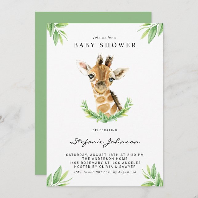 Watercolor Baby Giraffe Greenery Baby Shower Invitation (Front/Back)