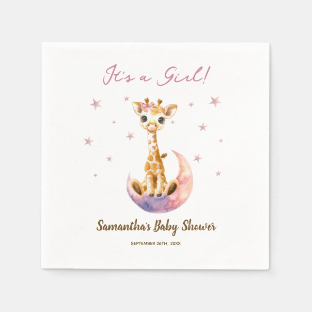 Watercolor Baby Giraffe It's a Girl Baby Shower  Napkin (Front)
