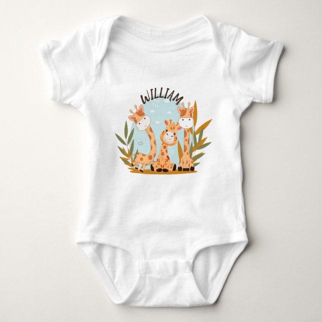 Watercolor Baby Giraffe, Safari Animals Baby Bodysuit (Front)