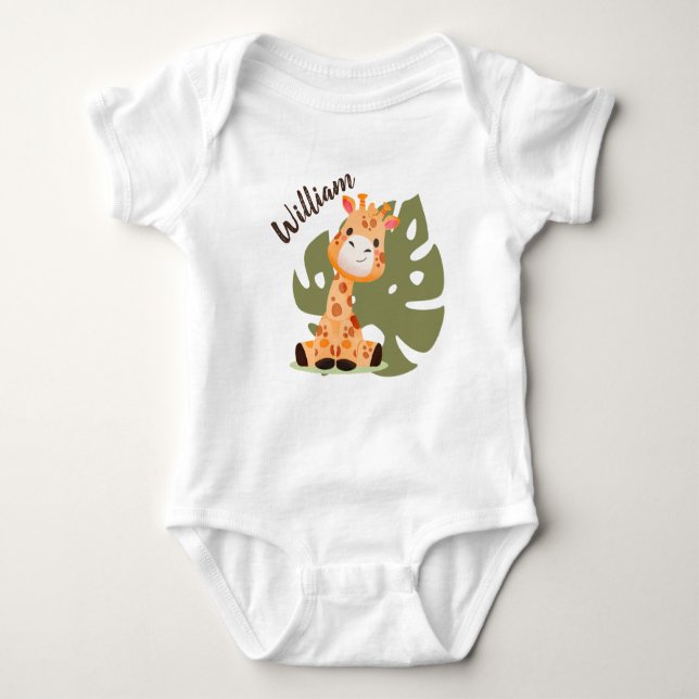 Watercolor Baby Giraffe, Safari Animals Baby Bodysuit (Front)