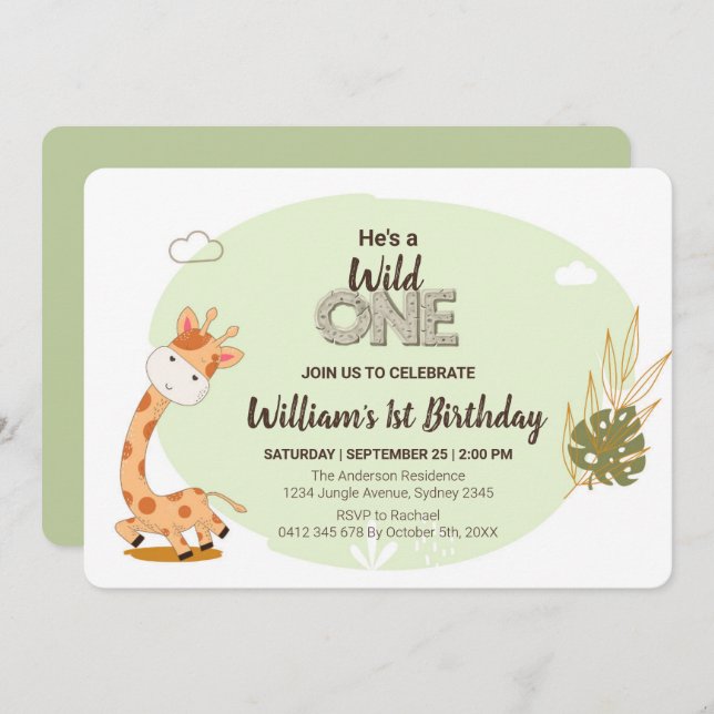 Watercolor Baby Giraffe, Safari Animals Birthday Invitation (Front/Back)