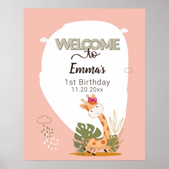 Watercolor Baby Giraffe, Safari Animals Birthday Poster (Front)