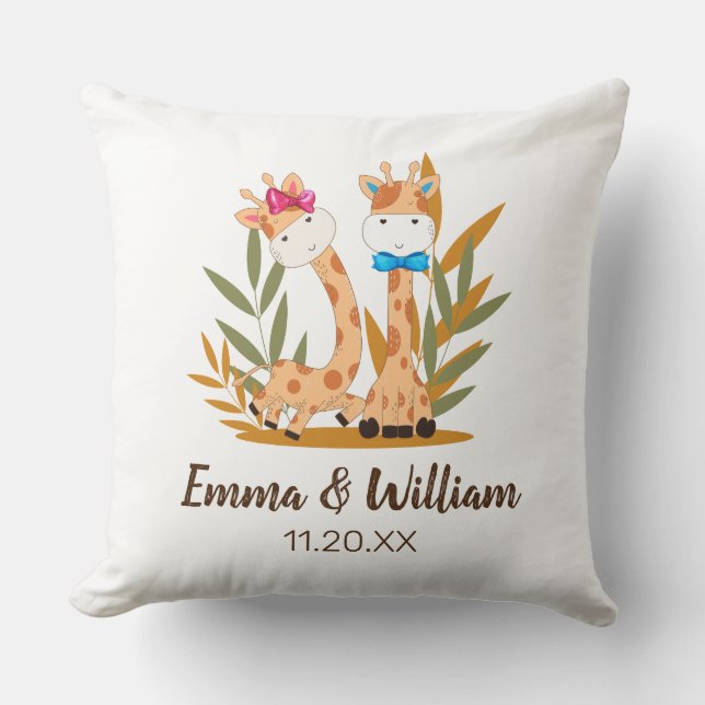 Watercolor Baby Giraffe, Safari Twins Birthday Cushion (Front)