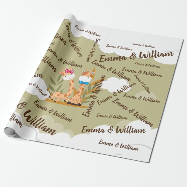 Watercolor Baby Giraffe, Safari twins Birthday Wrapping Paper (Unrolled)