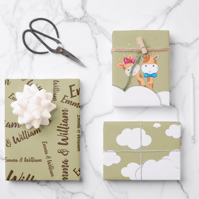 Watercolor Baby Giraffe, Safari twins Birthday Wrapping Paper Sheet (Front)