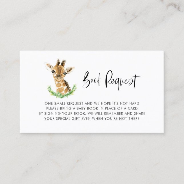 Watercolor Baby Giraffe Shower Book Request Card (Front)