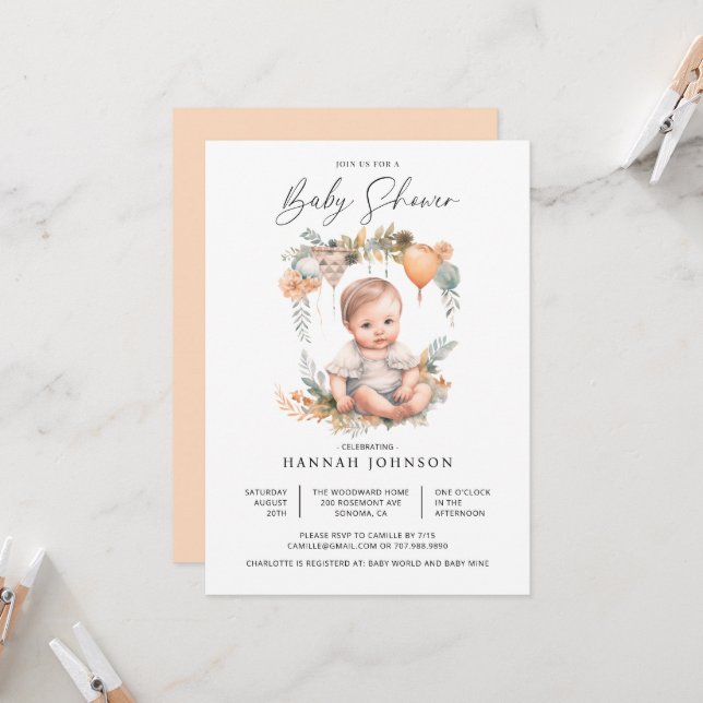 Watercolor Baby Girl Baby Shower Invitation (Front/Back In Situ)