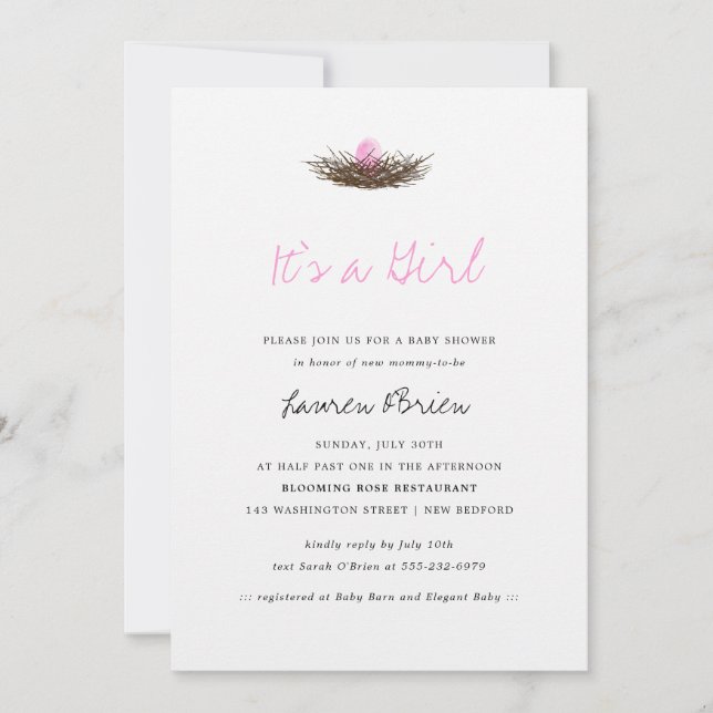 Watercolor Baby Girl Bird's Nest Baby Shower Invitation (Front)