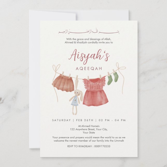 Watercolor Baby Girl Clothesline Aqeeqah Invitation (Front)