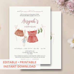 Watercolor Baby Girl Clothesline Aqeeqah Invitation