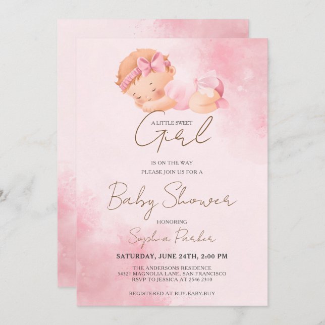Watercolor Baby Girl Invitation (Front/Back)