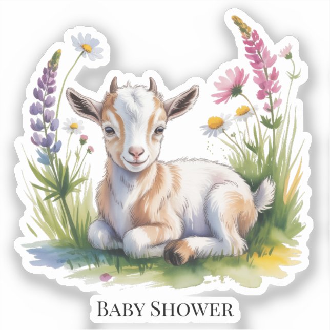 Watercolor Baby Goat with Wildflowers Baby Shower (Front)