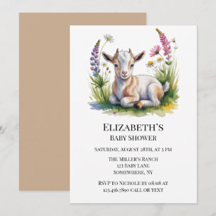 Watercolor Baby Goat with Wildflowers Baby Shower Invitation