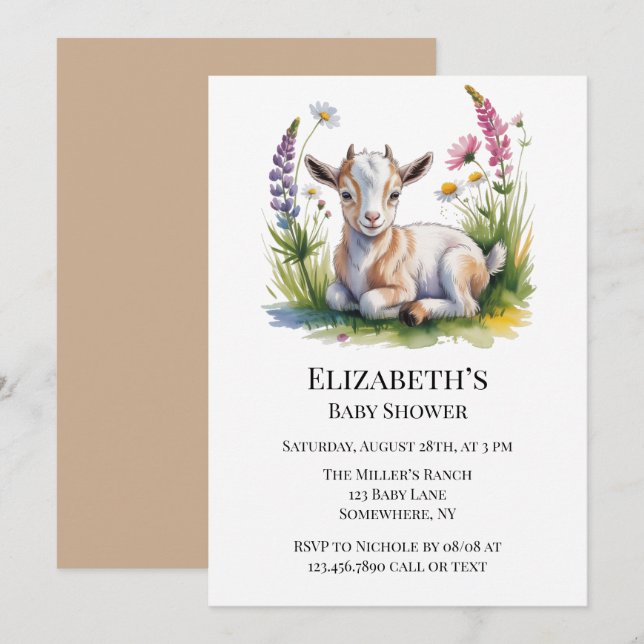 Watercolor Baby Goat with Wildflowers Baby Shower Invitation (Front/Back)