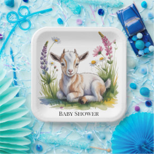 Watercolor Baby Goat with Wildflowers Baby Shower Paper Plate
