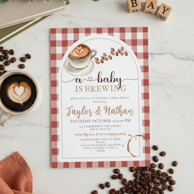 watercolor baby is brewing gingham Baby Shower Invitation (Creator Uploaded)